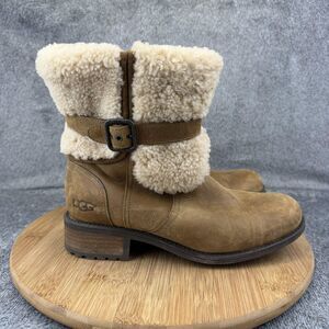UGG Boots Womens Size 8 Brown Leather Shearling Lined Ankle Zip Booties 1008220
